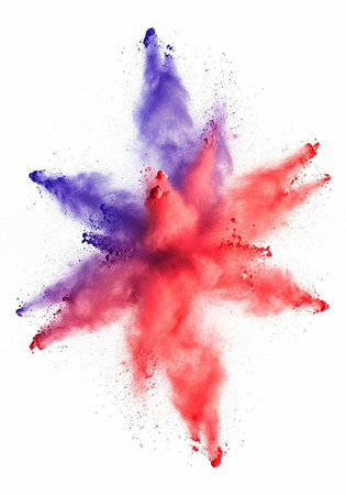 Colorful red and purple powder explodes in a star shape on a clean white background