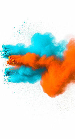 Colorful orange and blue powder exploding in mid-air against a clean white backdrop