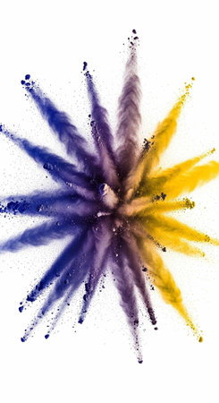 Colorful powder explodes in a dynamic, radial pattern on a white background.