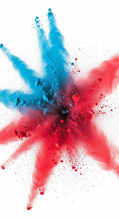 Colorful red and blue powder explodes in a dynamic, abstract pattern on a clean white surface.