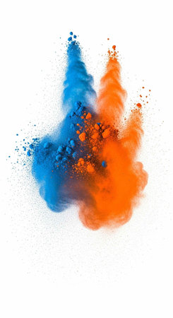 Colorful blue and orange powder explodes in mid-air against a clean white backdrop