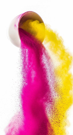 Vibrant pink and yellow powder pouring out of a white cup on a plain background