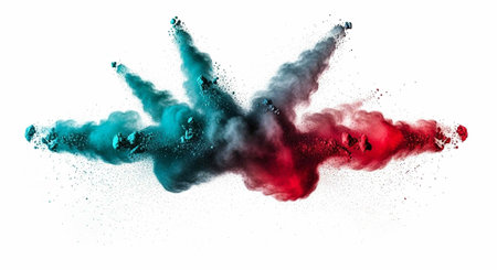 Colorful red and blue smoke bursts isolated on white