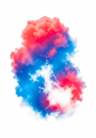 Colorful cloud with red, blue, and white hues on plain white background