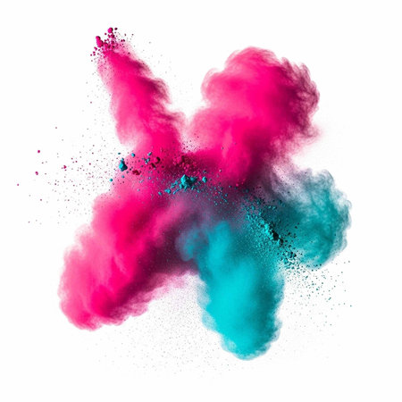 Colorful pink and teal powder exploding in mid-air against a clean white backdrop