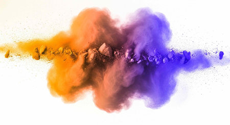 Colorful powder explodes in mid-air, orange and purple hues blending together