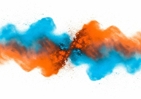 Colorful orange and blue cloud-like explosion on a plain white background