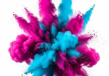 Colorful pink and blue powder explodes in a dynamic cloud against a clean white backdrop.