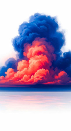 Colorful cloud with blue and red smoke on white background, reflecting on water surface