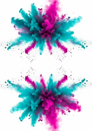 Vibrant pink and blue powder exploding in two bursts on a clean white background