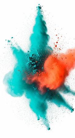 Colorful teal and orange powder exploding in mid-air against a clean white backdropの写真素材