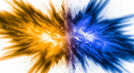Colorful orange and blue powder exploding in motion on a white surface