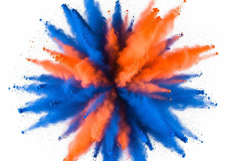 Colorful orange and blue powder explodes in a dynamic, abstract pattern on a clean white surface