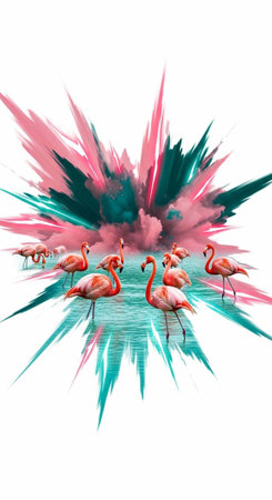 Flamingos stand in shallow water with colorful pink and teal abstract explosion behind them.