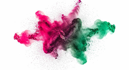Colorful pink and green powder explodes in a dynamic, abstract pattern on a clean white surface