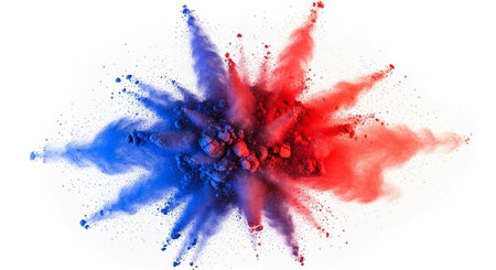 Colorful red and blue powder explodes in a dynamic, abstract composition on a clean white surface