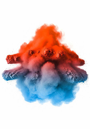 Vibrant red and blue smoke blending in mid-air, isolated on white background