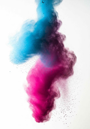 Vibrant pink and blue smoke swirling together on a clean white surface