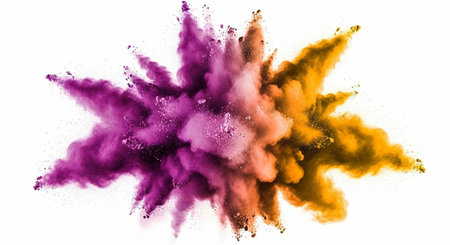 Colorful powder blast in shades of purple, pink, and yellow on a clean white surface