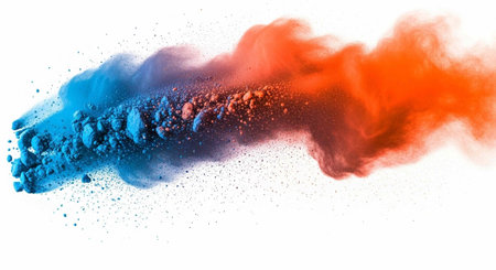 Colorful powder blast with blue, purple, and orange hues on a clean white surface