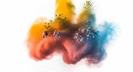 Colorful powder explodes in mid-air, creating a dynamic cloud of orange, red, blue, and yellow hues.