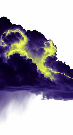 Dark purple storm clouds with bright yellow lightning and white background
