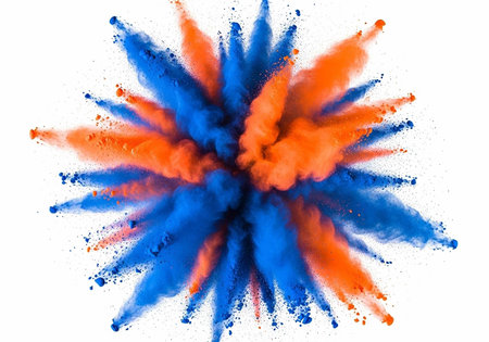 Colorful blue and orange powder exploding in a dynamic, abstract pattern on a clean white surface