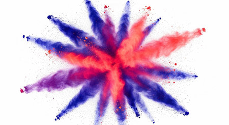Colorful red and blue powder explodes in a starburst pattern on a clean white surface.