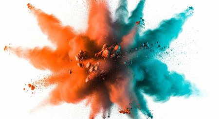 Colorful orange and teal powder explodes in a dynamic, abstract pattern on a clean white surface.