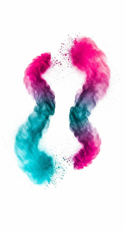 Colorful pink and teal smoke swirls forming a circular shape on a plain white background