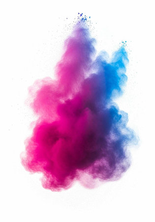 Colorful pink and blue powder exploding in mid-air against a clean white backdrop