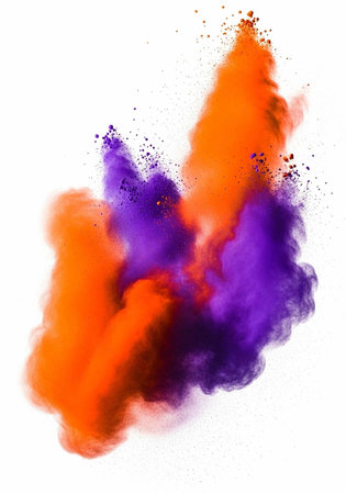 Colorful orange and purple powder explodes in a dynamic cloud against a clean white backdrop.