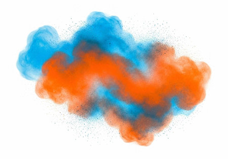 Colorful orange and blue powder cloud isolated on white background, dynamic explosion of hues