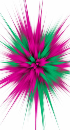 Colorful abstract art with pink and green streaks radiating from center