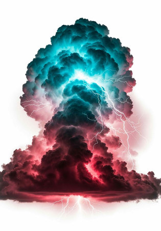 Colorful mushroom cloud with lightning, red and blue hues, against white background