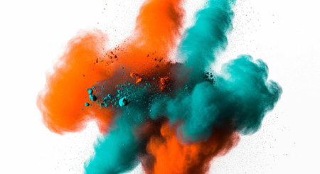 Colorful smoke bursts in orange and teal hues against a clean white backdrop