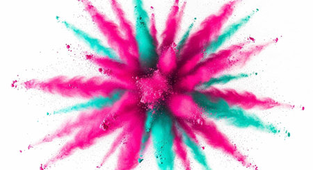 Colorful pink and turquoise powder explodes in a radial pattern on a clean white surface.