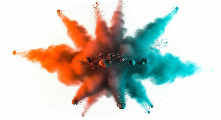 Colorful orange and teal powder explodes in a dynamic, starburst pattern on a clean white surface.