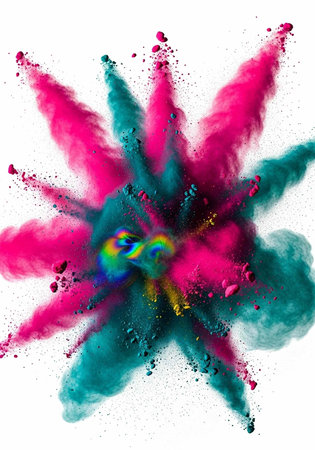 Colorful powder explodes in a starburst pattern with pink, teal, and rainbow hues on white