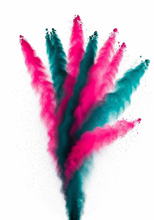 Vibrant pink and teal powder bursts against a clean white backdrop