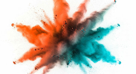 Colorful orange and teal powder explodes in a dynamic, abstract pattern on a clean white surface.