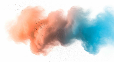 Colorful smoke clouds in orange and blue hues on a clean white background
