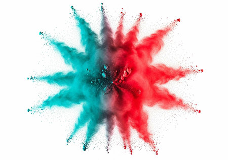 Colorful red and teal powder explodes in a dynamic, starburst pattern on a clean white surface.
