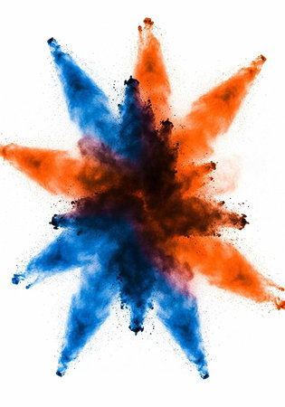 Colorful powder explodes in star shape, blue and orange hues on white