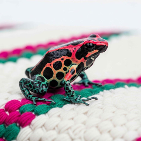 A vibrant frog with black, red, and green spots sits on a woven fabric