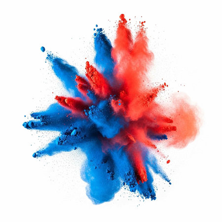 Colorful red and blue powder explodes in a dynamic, abstract pattern on a clean white surface