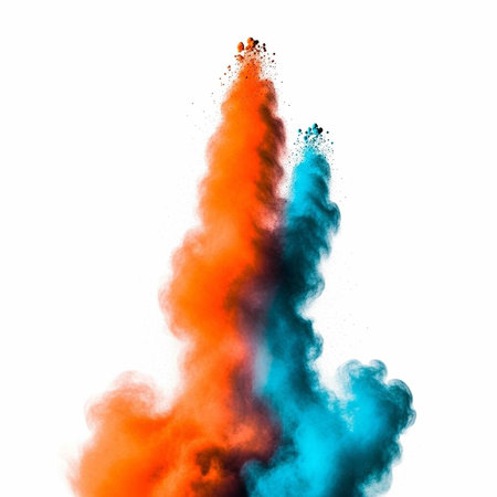 Colorful smoke bursts in orange and blue hues against a clean white backdropの写真素材