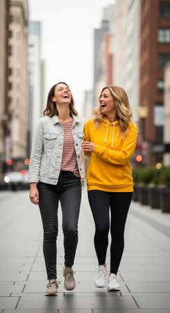 Two young women laughing and walking together in a city street with tall buildings in the backgroundの写真素材