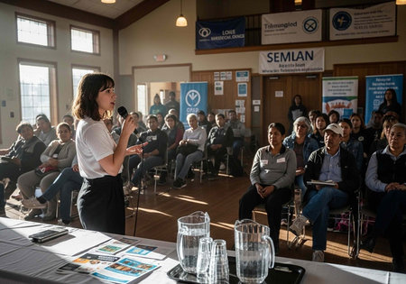 A woman speaks into a microphone in front of an audience in a conference room with banners and...