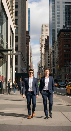 Two businessmen walking down a city street with tall buildings and a cloudy sky in the background